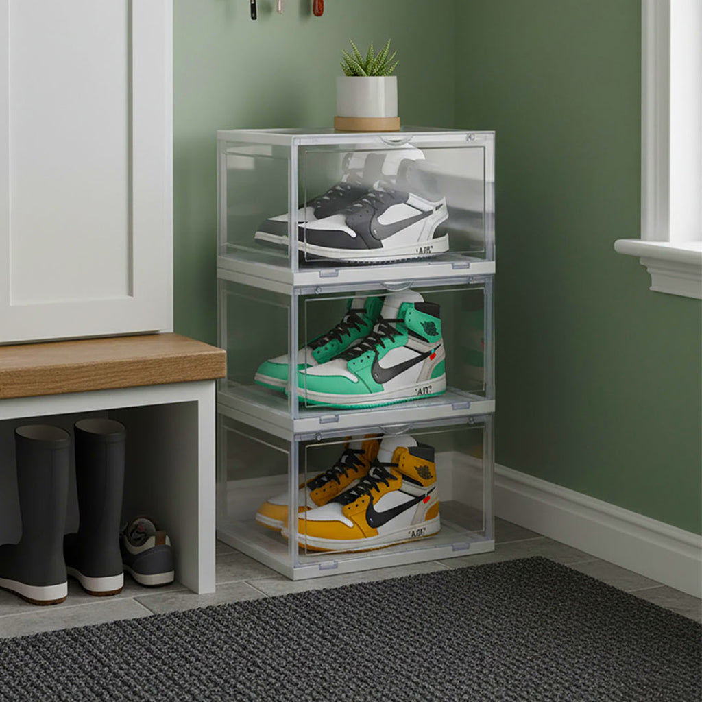 SOGA 3 Tier Transparent Portable Shoe Organiser Sneaker Footwear Folding Plastic Bin Stackable Storage Box with Magnetic Door