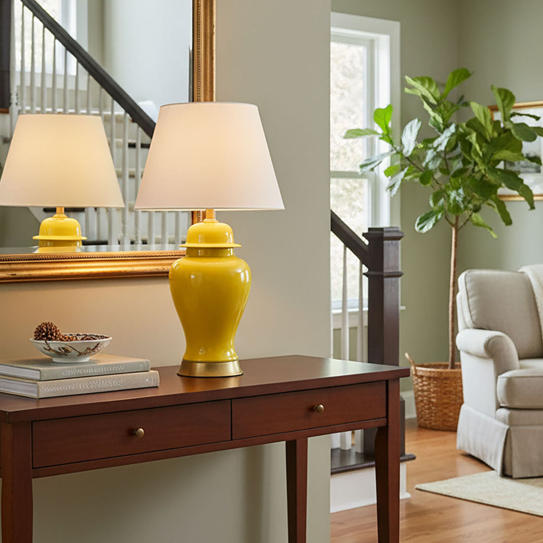 SOGA 4X Oval Ceramic Table Lamp with Gold Metal Base Desk Lamp Yellow