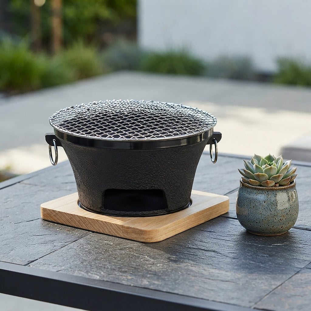 SOGA Medium Cast Iron Round Stove Charcoal Table Net Grill Japanese Style BBQ Picnic Camping with Wooden Board