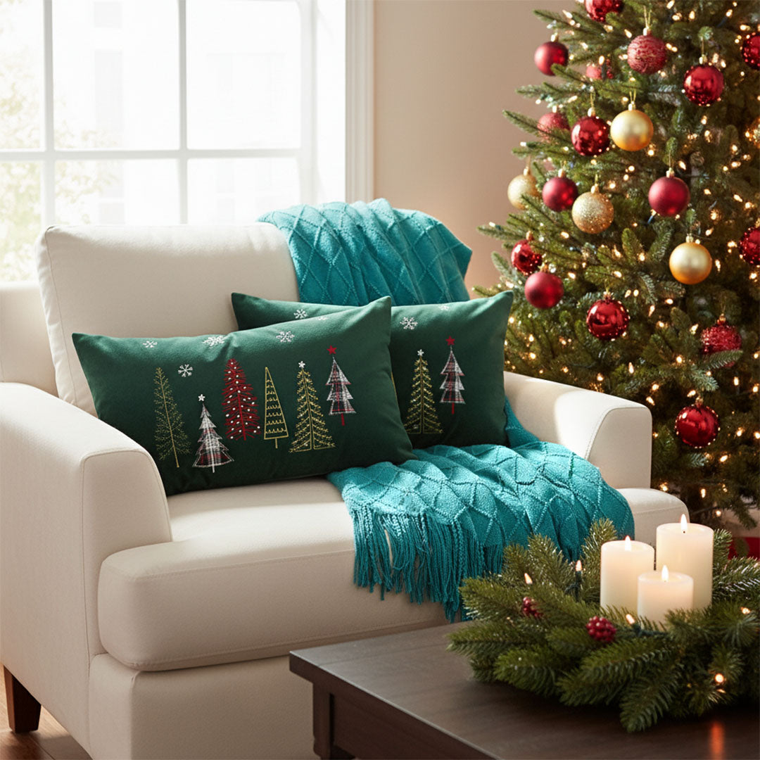 SOGA Christmas Bundle C – 2 Dark Green Christmas Forest Lumbar Pillow & Teal Knitted Throw Blanket