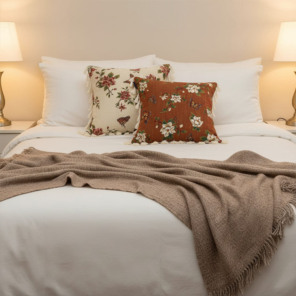 SOGA Home & Living Bundle – French Vintage Butterfly Tassel Pillows & Misty Beige Blanket