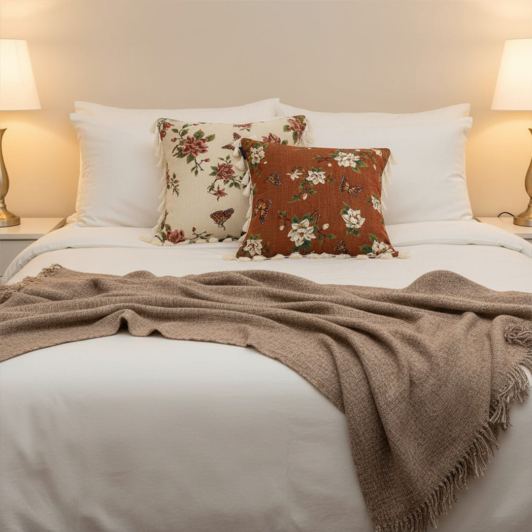 SOGA Home & Living Bundle – French Vintage Butterfly Tassel Pillows & Misty Beige Blanket
