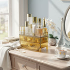 SOGA 3 Tier Golden Yellow Multifunctional Countertop Cosmetic Storage Makeup Skincare Holder Jewelry Cabinet Bathroom Desk Drawer Vanity Organiser