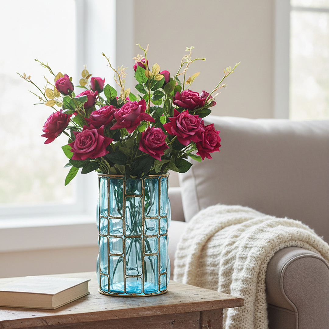 SOGA Blue Glass Cylinder Flower Vase with 8 Bunch 5 Heads Artificial Fake Silk Rose Home Decor Set