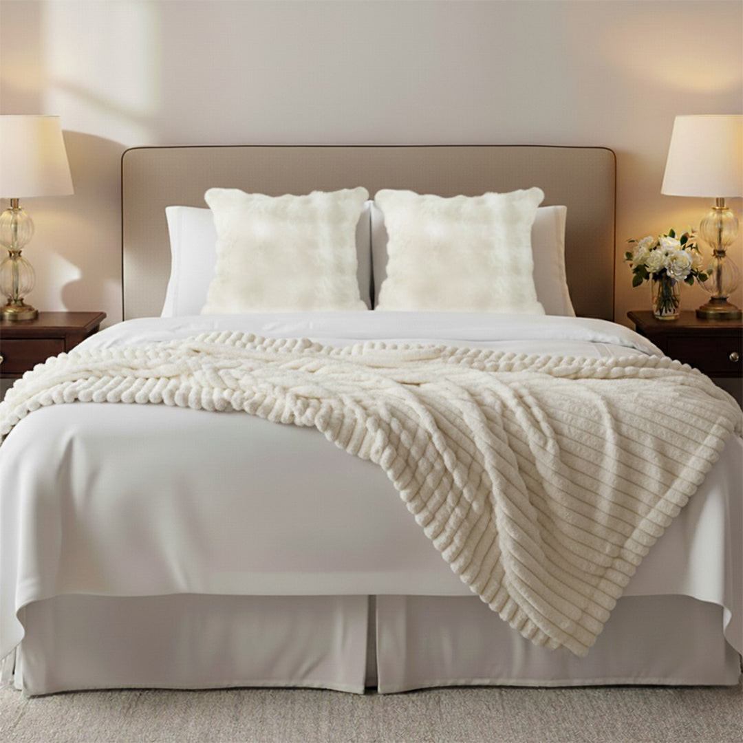 SOGA Home & Living Bundle – 2 White Rabbit Fur Pillow & Pearl White Velvet Throw Blanket