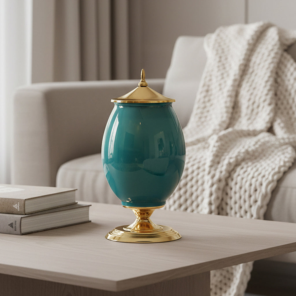 SOGA 2x 40cm Ceramic Oval Flower Vase with Gold Metal Base Green