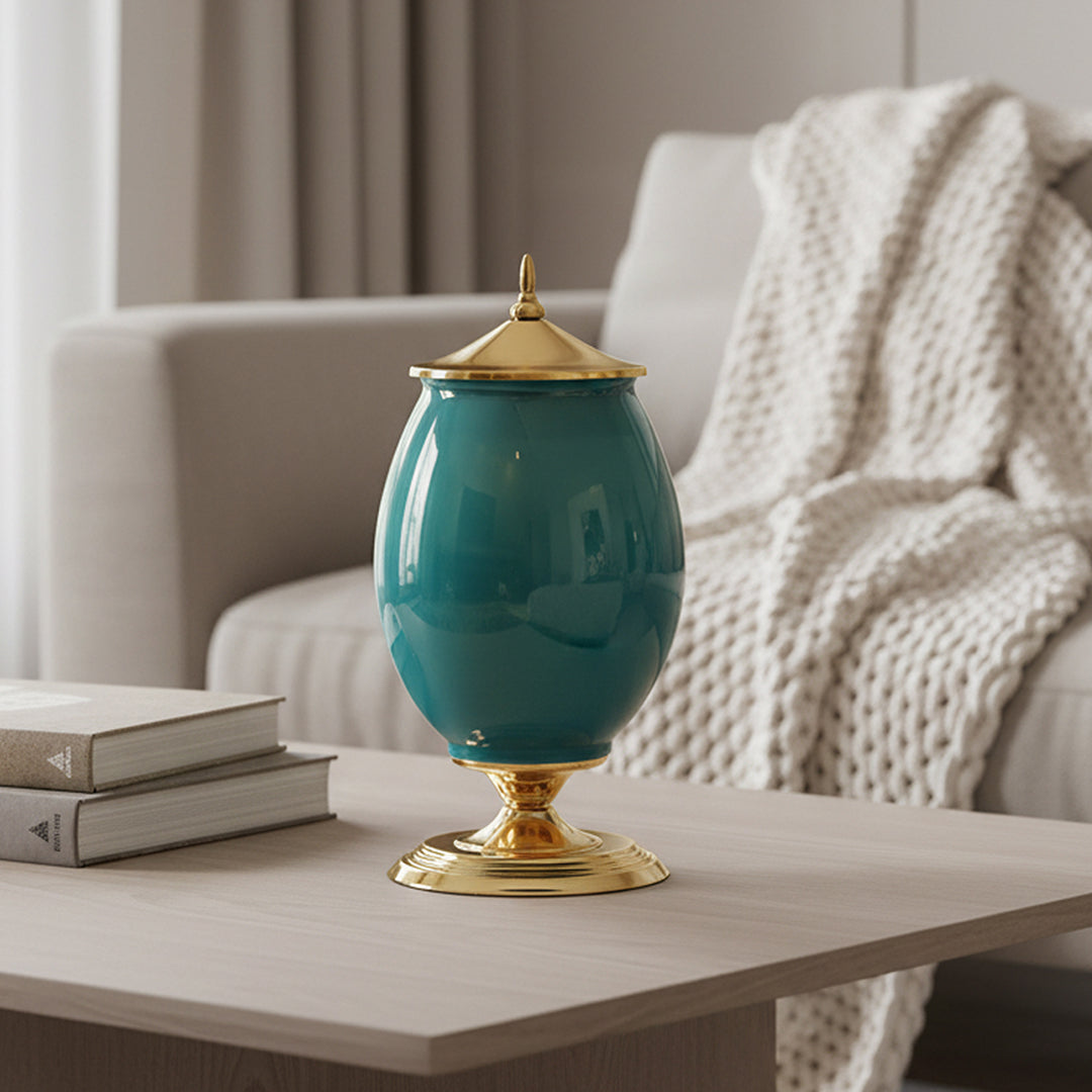 SOGA 2x 40cm Ceramic Oval Flower Vase with Gold Metal Base Green