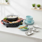 SOGA Kitchenware Bundle – 2-in-1 Electric Teppanyaki Grill, Light Blue Ceramic Dinnerware & Silver Sauce Pan