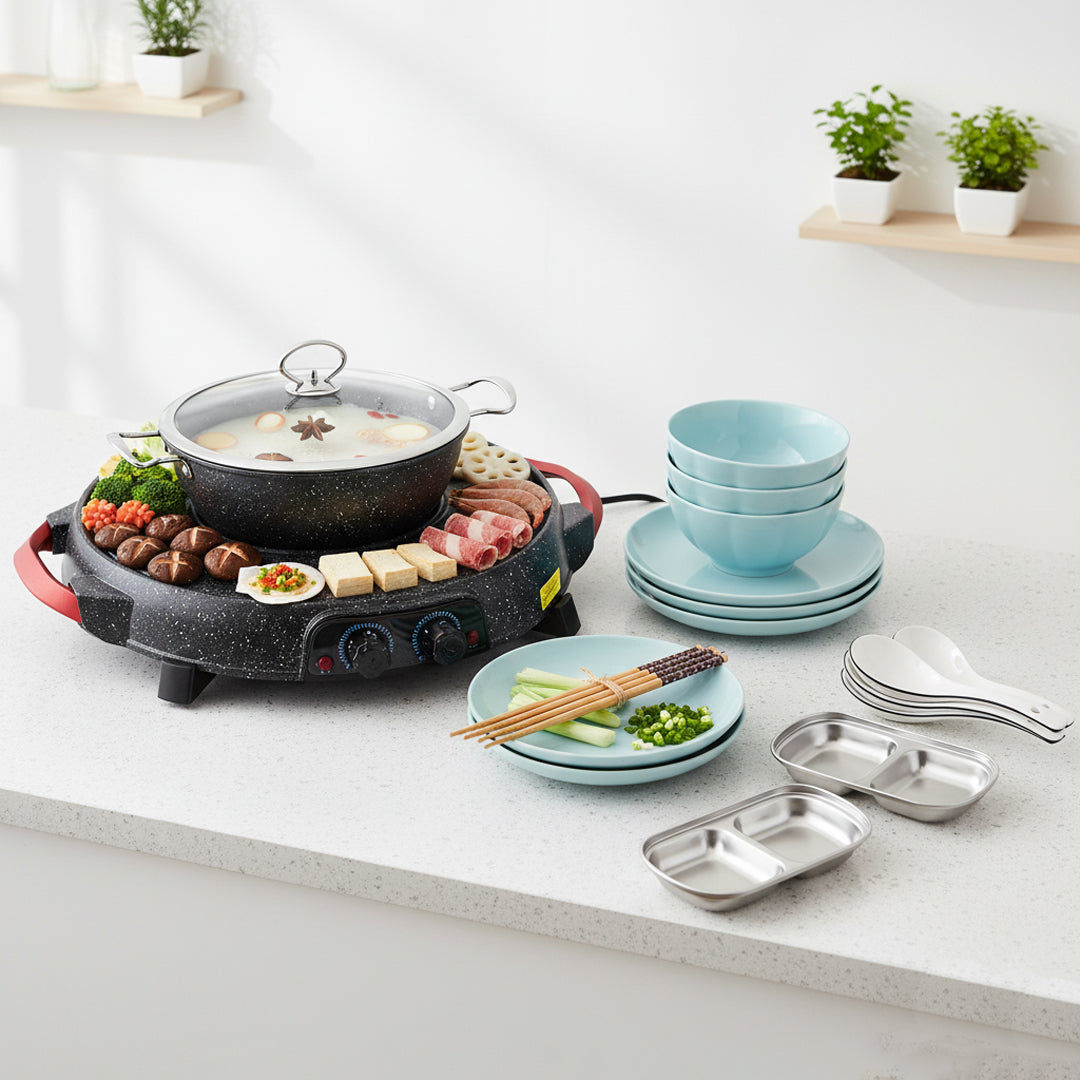 SOGA Kitchenware Bundle – 2-in-1 Electric Teppanyaki Grill, Light Blue Ceramic Dinnerware & Silver Sauce Pan