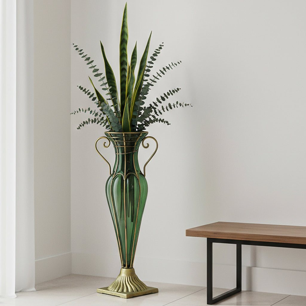 SOGA Green Colored European Glass Flower Vase Solid Base with Two Gold Metal Handle