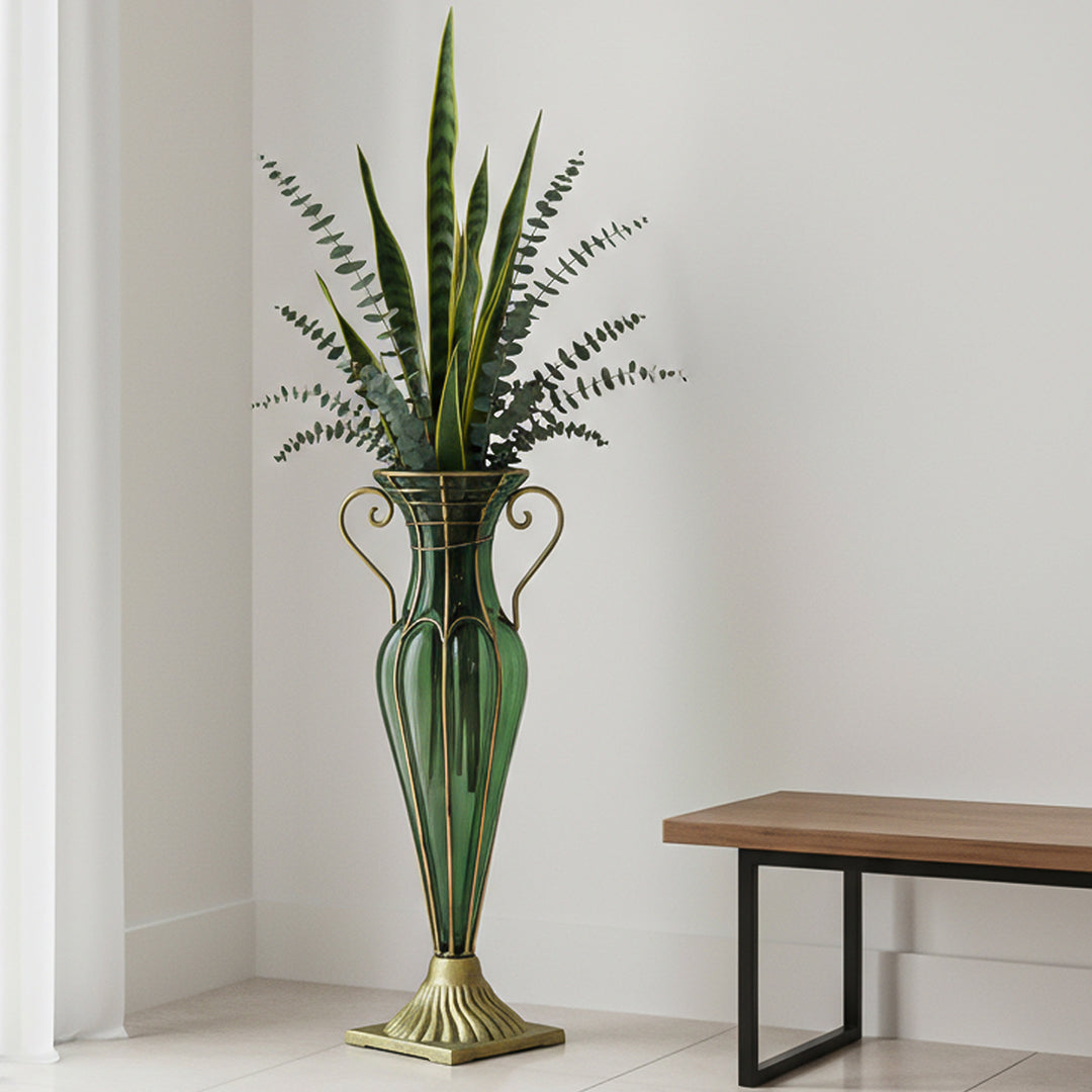SOGA Green Colored European Glass Flower Vase Solid Base with Two Gold Metal Handle