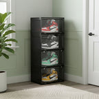 SOGA 4 Tier Black Portable Shoe Organiser Sneaker Footwear Folding Plastic Bin Stackable Storage Box with Magnetic Door