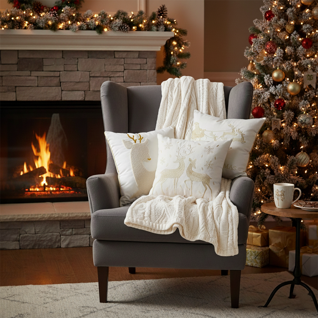 SOGA Christmas Bundle – White Chenille Throw Blanket & Festive Gold Accent Holiday Pillows $ 312