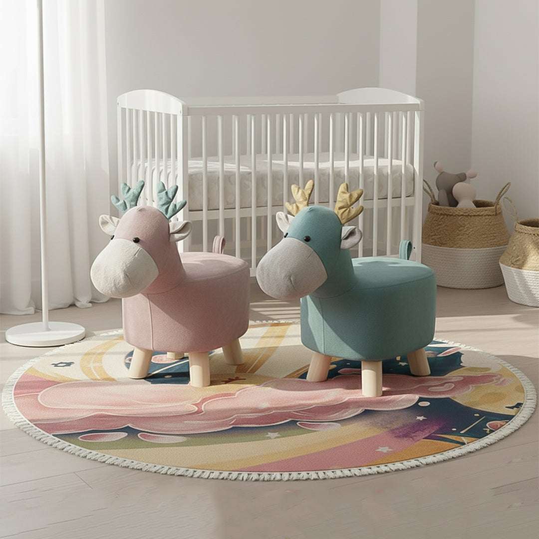 SOGA Home & Living Bundle – Pink & Green Deer Children’s Ottomans & Sky Clouds Round Rug $ 134