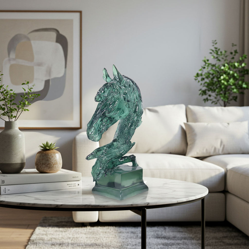 SOGA 37cm Green Horse Head Resin Sculpture Flowing Mane Design