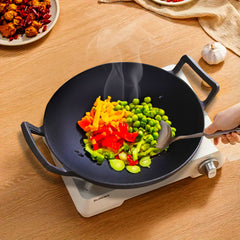 SOGA 2X 32cm Commercial Cast Iron Wok FryPan with Wooden Lid Fry Pan