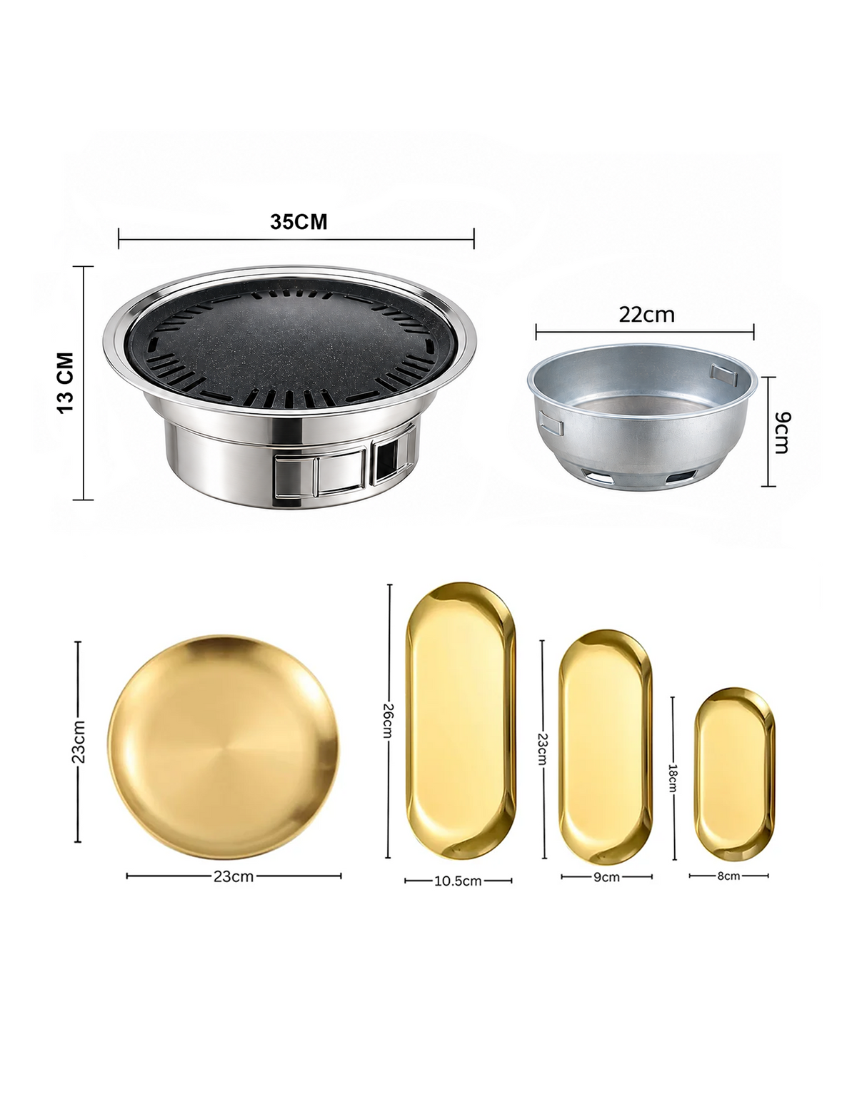 SOGA Kitchenware Bundle A– Gold Nordic Plate Set, 23cm Grilling Plate & Portable Charcoal BBQ Grill