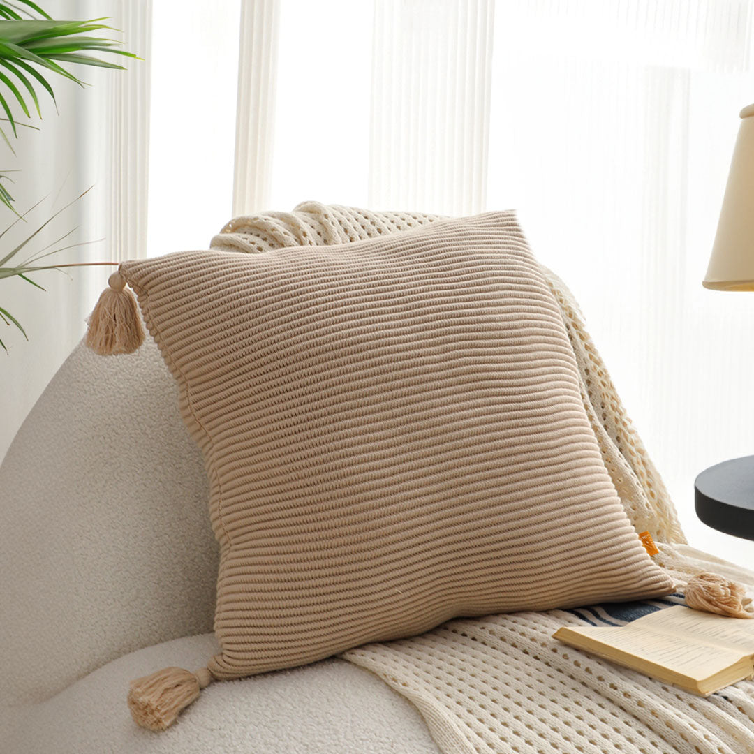 SOGA 2X 45cm Khaki Wabi-Sabi Raised Pillow Cotton Striped Large Tassel Square Pillow Throw Pillow