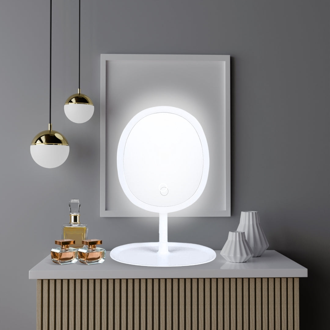 SOGA 26cm White Oval Smart LED Makeup Bedroom Table Vanity Mirror Tricolor Adjustable Light