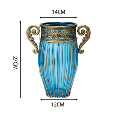 SOGA Blue European Colored Glass Home Decor Jar Flower Vase with Two Metal Handle