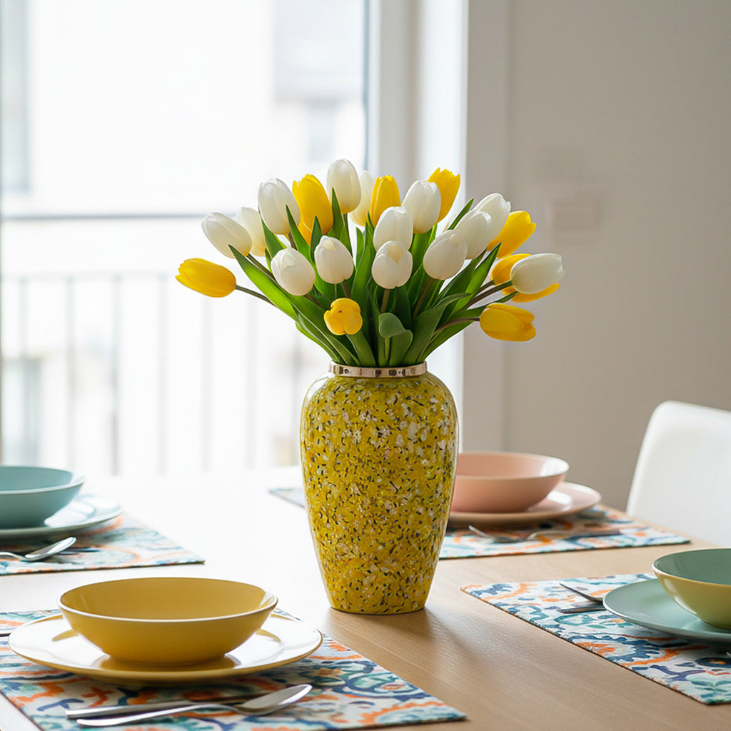 SOGA 30x19cm Yellow with White Mini Floral Medium Ceramic Flower Vase Elegant Living Room Home Decor