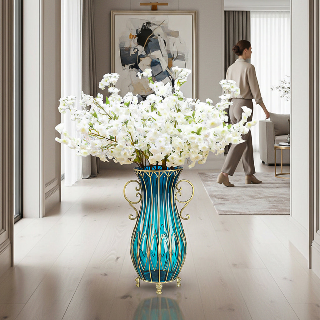 SOGA 51cm Blue Glass Tall Floor Vase and 10pcs White Artificial Fake Flower Set
