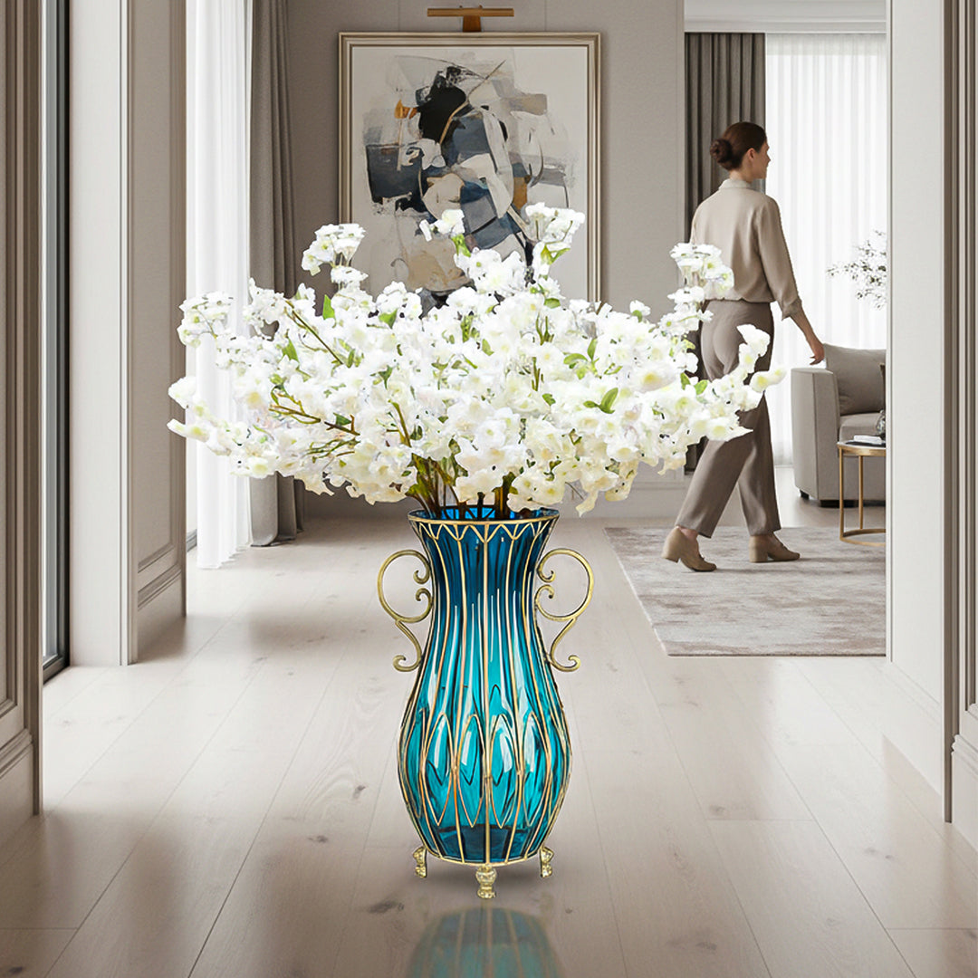 SOGA 51cm Blue Glass Tall Floor Vase and 10pcs White Artificial Fake Flower Set