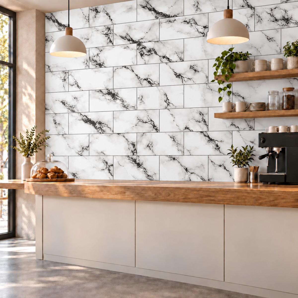 SOGA Peel & Stick Floor and Wall Tiles 30 x 30cm 10 Pack Black White Faux Marble