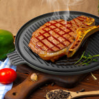SOGA 43cm Round Ribbed Cast Iron Frying Pan Skillet Steak Sizzle Platter with Handle