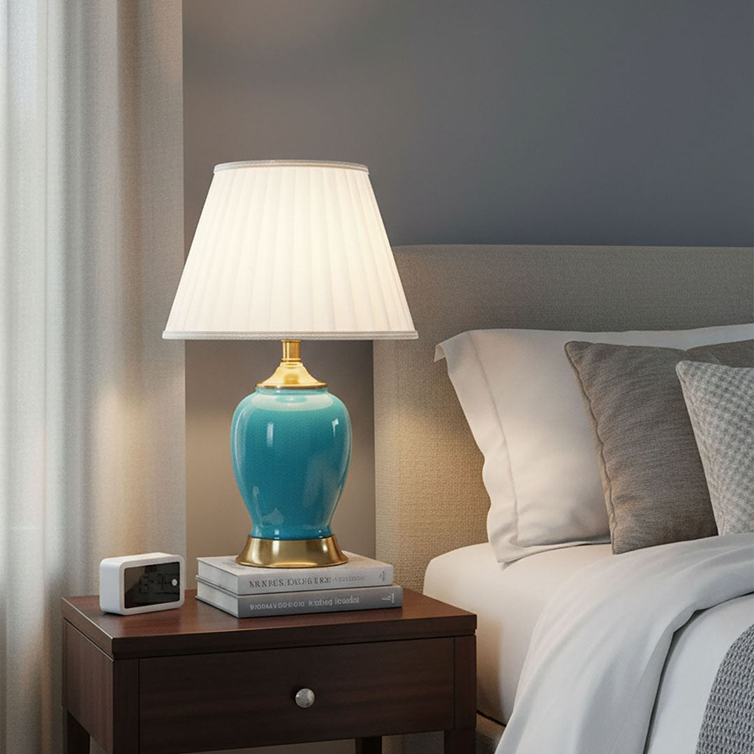 SOGA Ceramic Oval Table Lamp with Gold Metal Base Desk Lamp Blue