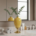 SOGA 42cm Ceramic Oval Flower Vase with Gold Metal Base Yellow