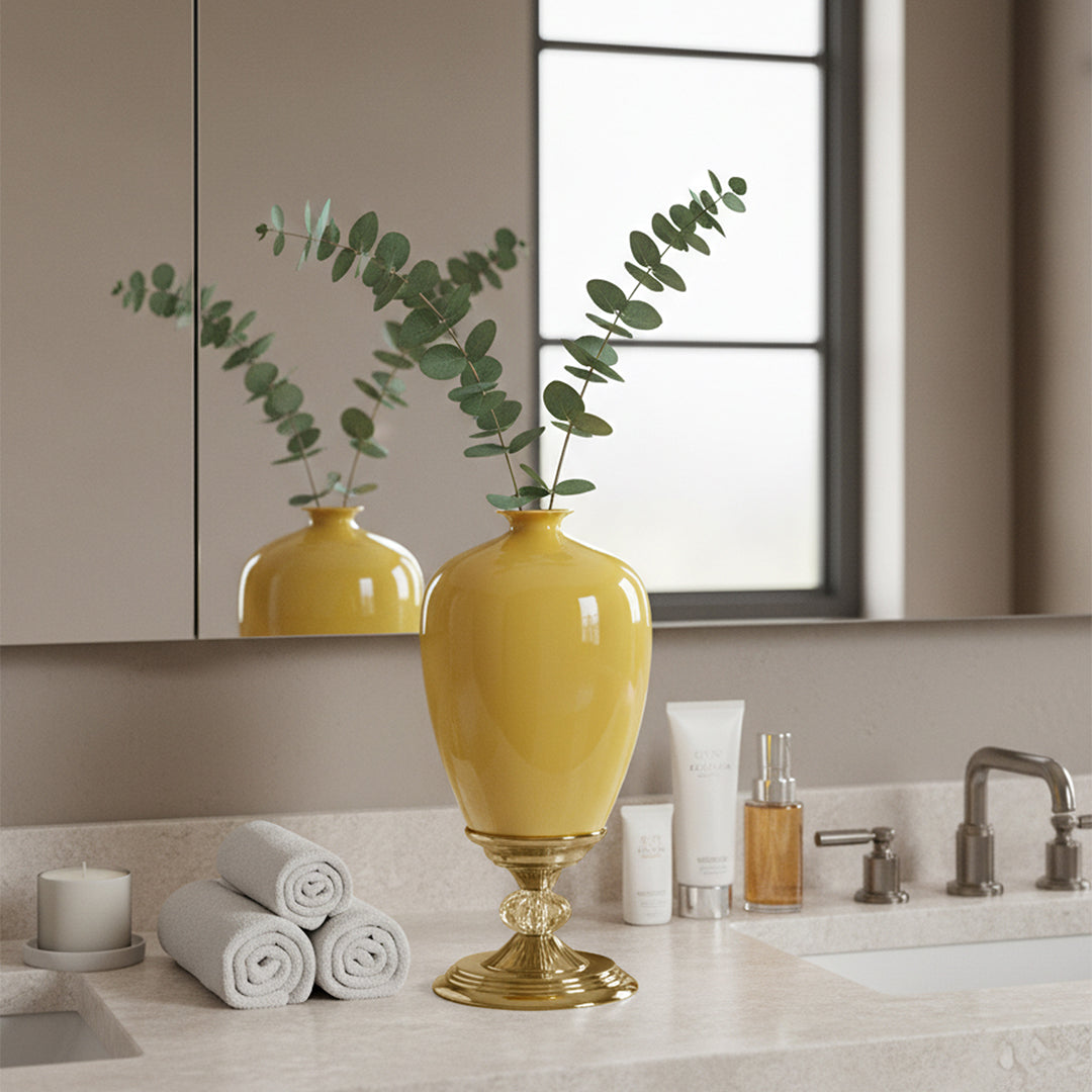SOGA 42cm Ceramic Oval Flower Vase with Gold Metal Base Yellow