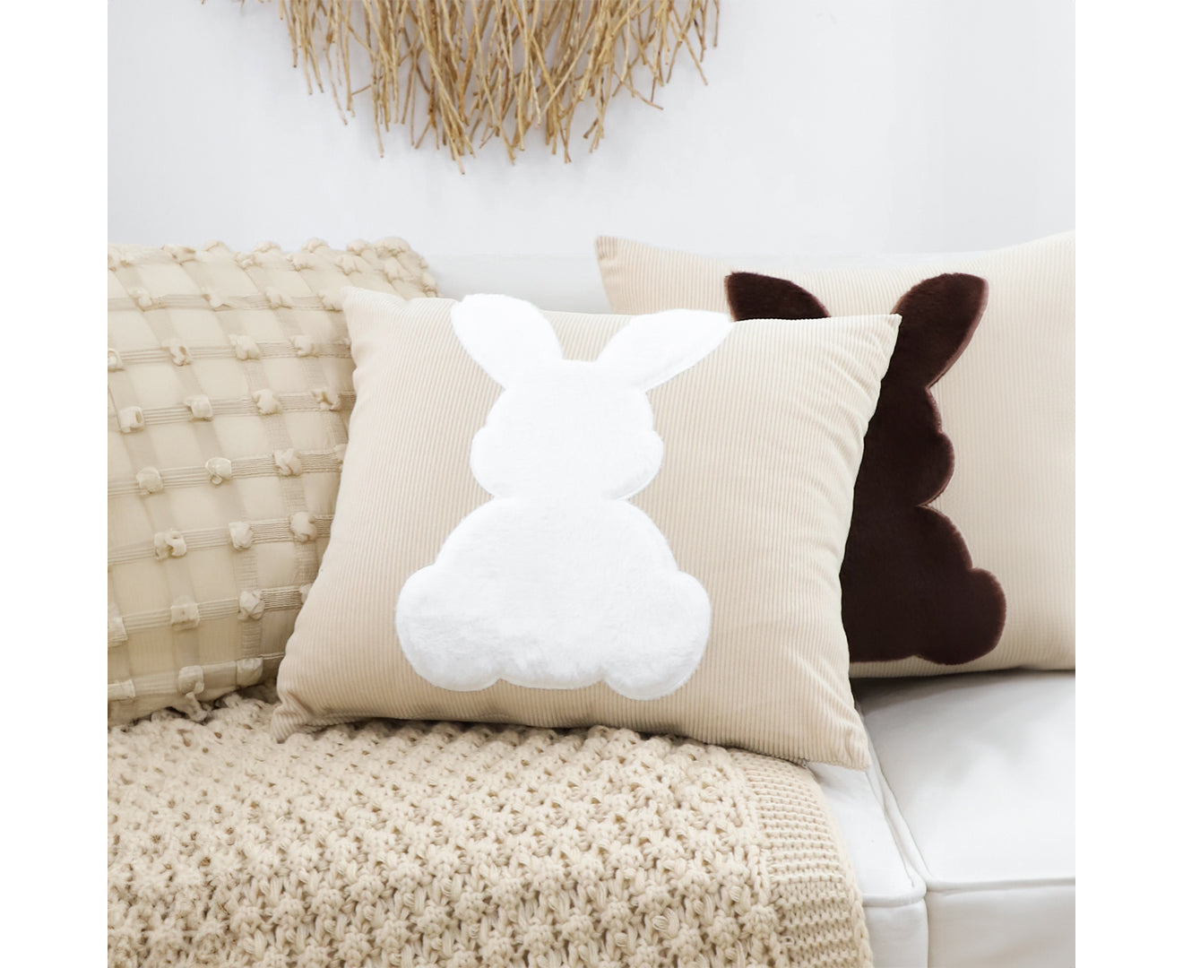 SOGA 2X 45cm Throw Pillow Light Tan Square Cushion with Soft White Rabbit Design Decorative Home Decor