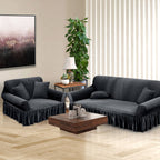 SOGA 2-Seater Dark Grey Sofa Cover with Ruffled Skirt Couch Protector High Stretch Lounge Slipcover Home Decor
