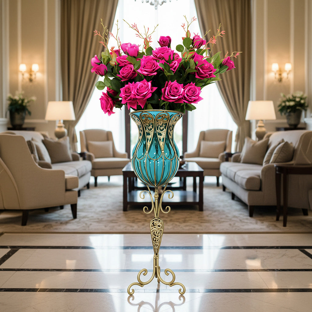 SOGA 85cm Blue Glass Tall Floor Vase and 12pcs Dark Pink Artificial Fake Flower Set