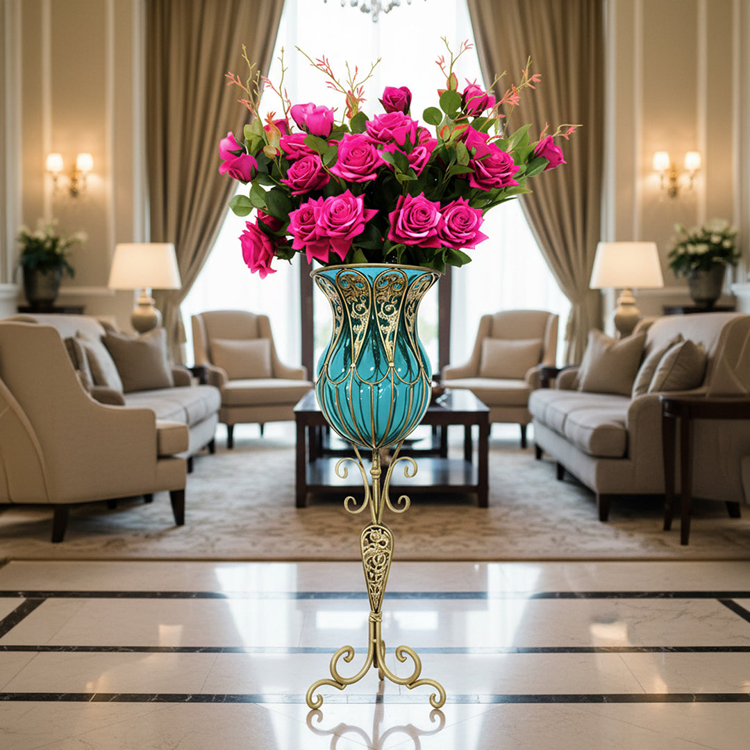 SOGA 85cm Blue Glass Tall Floor Vase and 12pcs Dark Pink Artificial Fake Flower Set