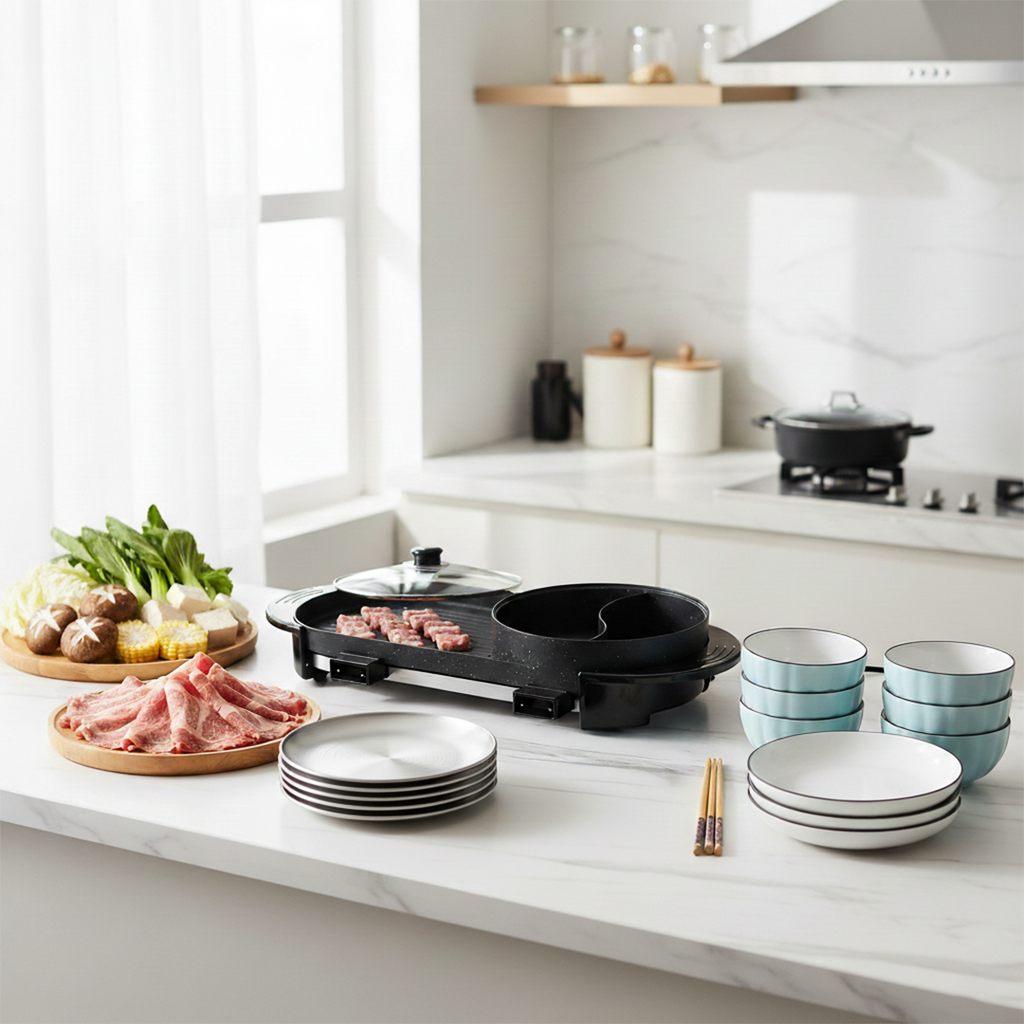 SOGA Kitchenware Bundle – 2-in-1 Electric BBQ Teppanyaki Grill, Blue Ceramic Dinnerware & Silver Grilling Plate