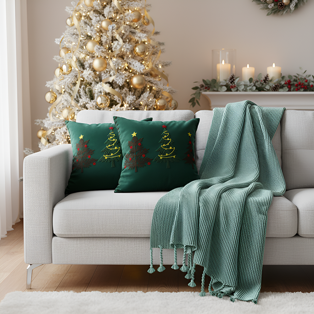 SOGA Christmas Bundle – 2 Green Embroidered Christmas Tree Pillow & Tassel Fringe Knitted Blanket $ 206