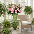 SOGA 67cm Green Glass Tall Floor Vase and 12pcs Pink Artificial Fake Flower Set