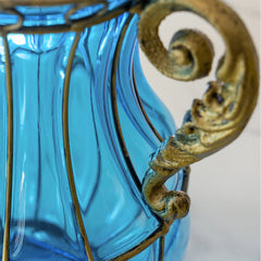SOGA Blue Colored Glass Flower Vase with 4 Bunch 11 Heads Artificial Fake Silk Rose Home Decor Set