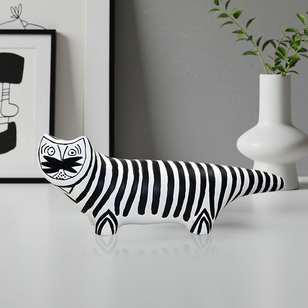 SOGA 47cm Elongated Black and White Striped Cat Resin Sculpture