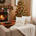SOGA Christmas Bundle – 2 White & Gold Christmas Reindeer Pillow & White Chenille Fleece Throw $ 260