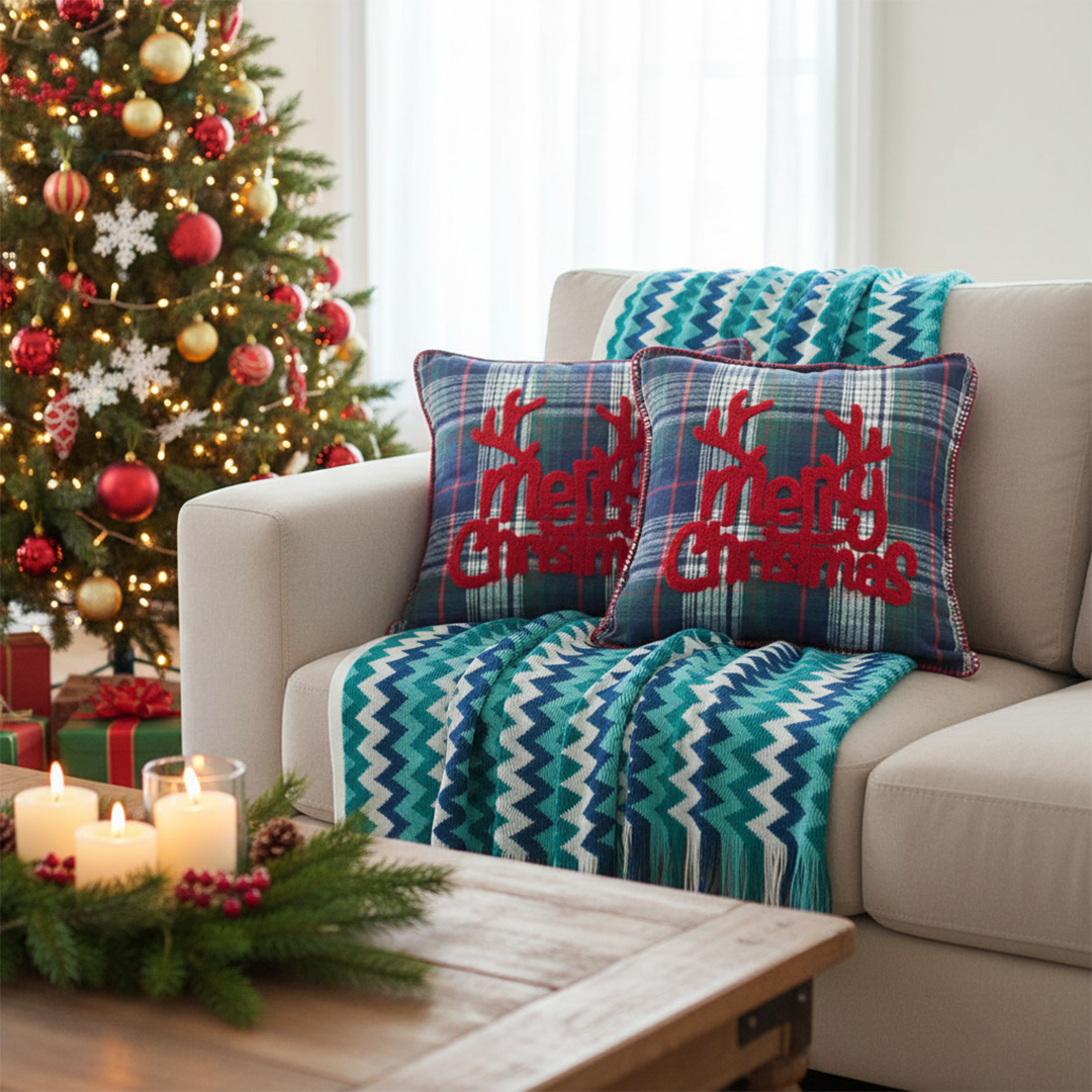 SOGA Christmas Bundle – 2 Multicolor Plaid Antler Pillow & Blue Zigzag Knitted Throw Blanket $ 175