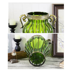 SOGA Green Colored European Glass Home Decor Flower Vase with Two Metal Handle