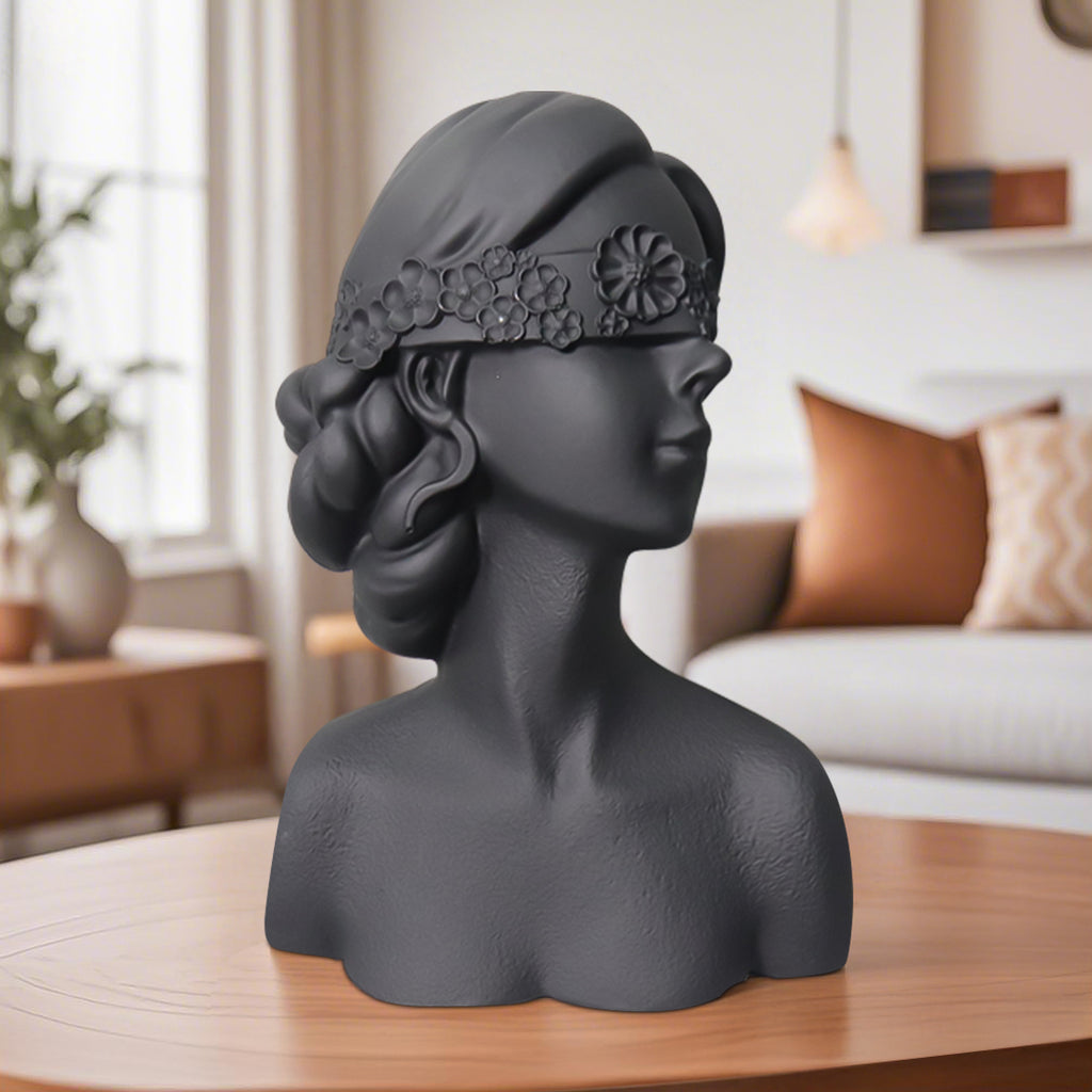 SOGA 36cm Black Resin Sculpture – Blindfold Lady Bust Home Decor