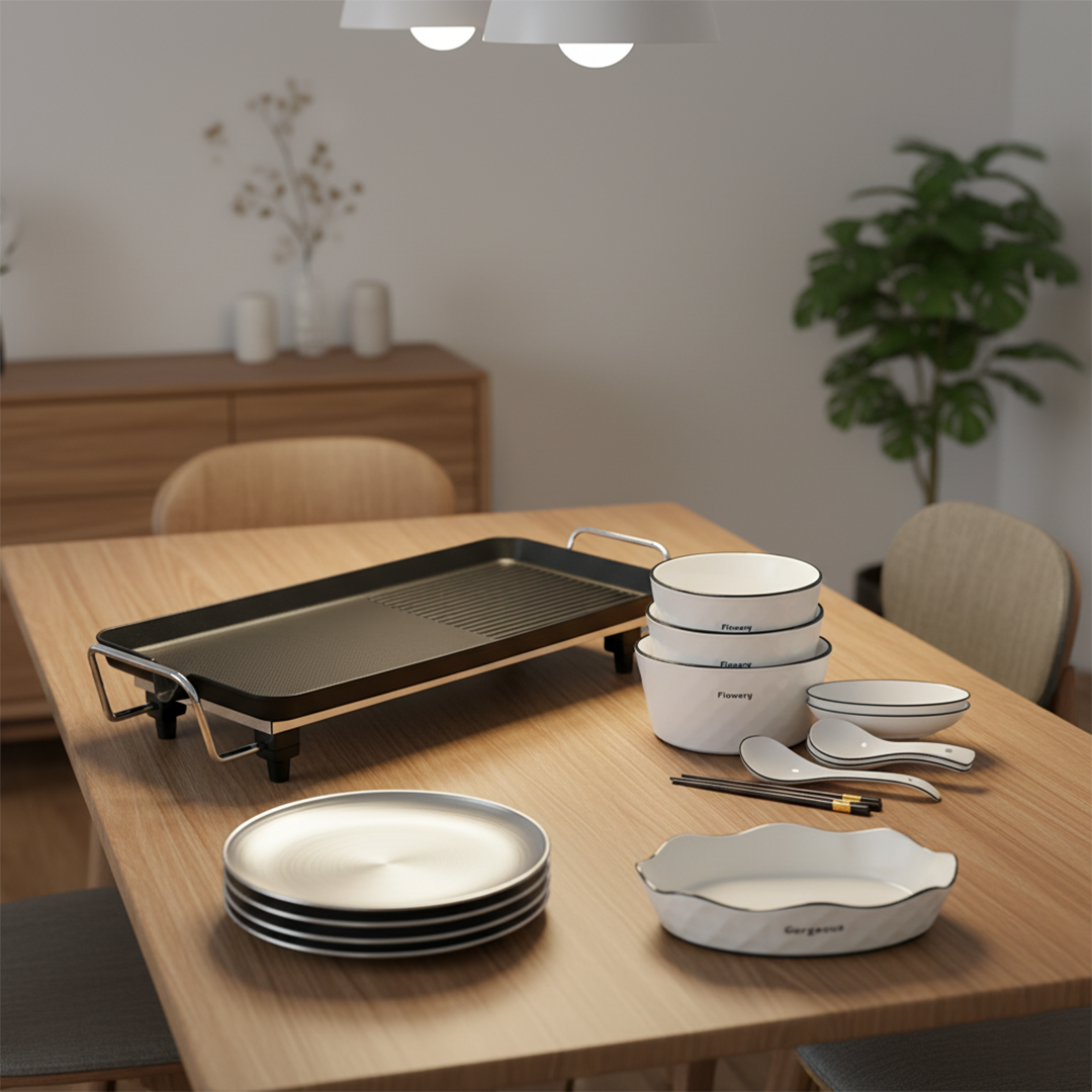 SOGA Kitchenware Bundle – Electric BBQ Teppanyaki Grill, Diamond Ceramic Dinnerware & Silver Grilling Plate