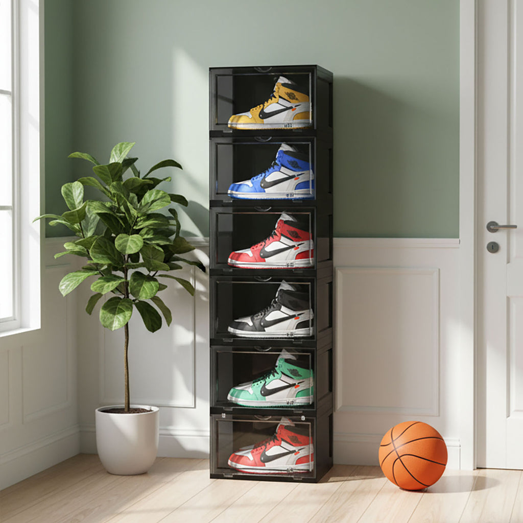SOGA 6 Tier Black Portable Shoe Organiser Sneaker Footwear Folding Plastic Bin Stackable Storage Box with Magnetic Door