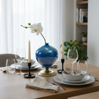 SOGA 2x 38cm Ceramic Oval Flower Vase with Gold Metal Base Dark Blue