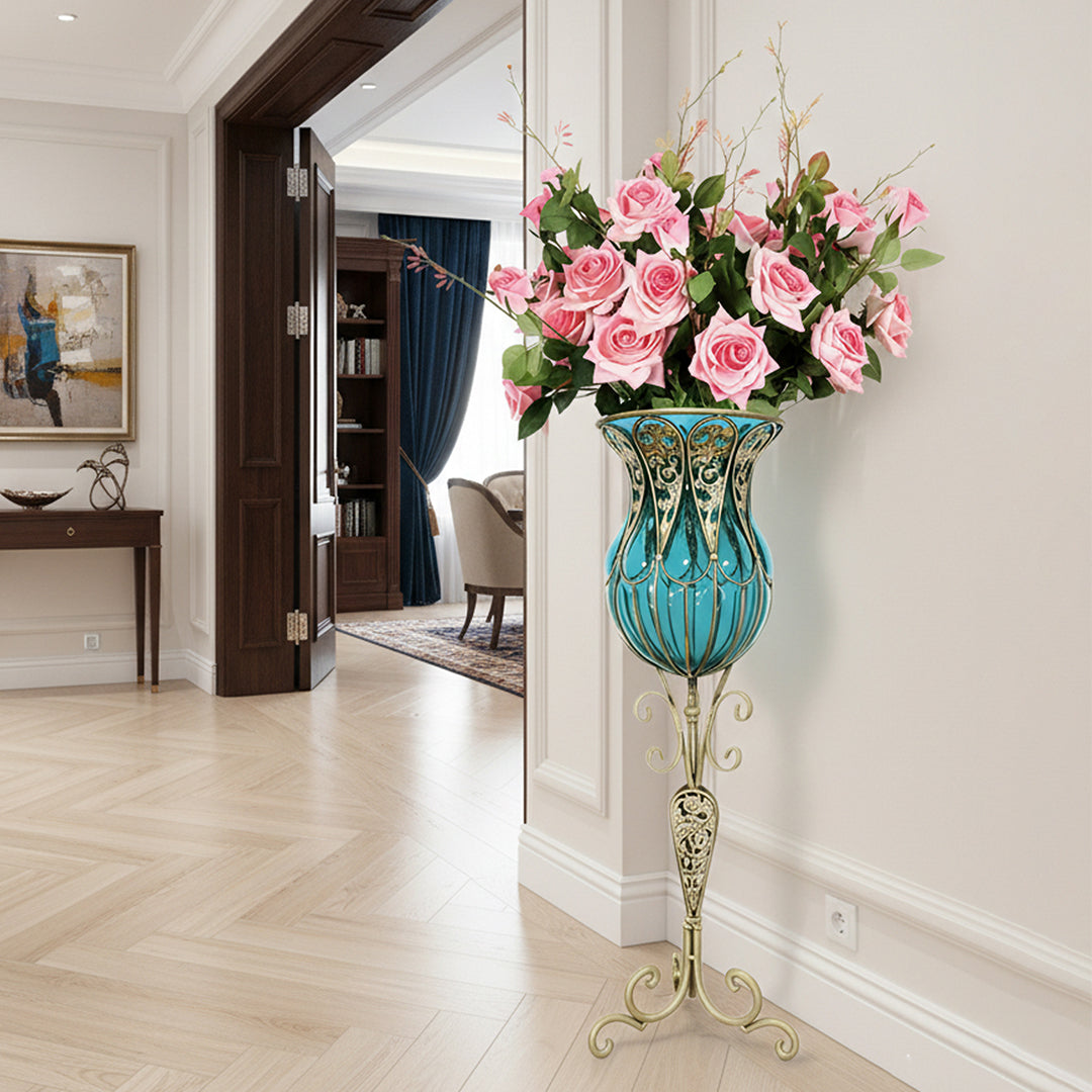 SOGA 85cm Blue Glass Tall Floor Vase and 12pcs Pink Artificial Fake Flower Set