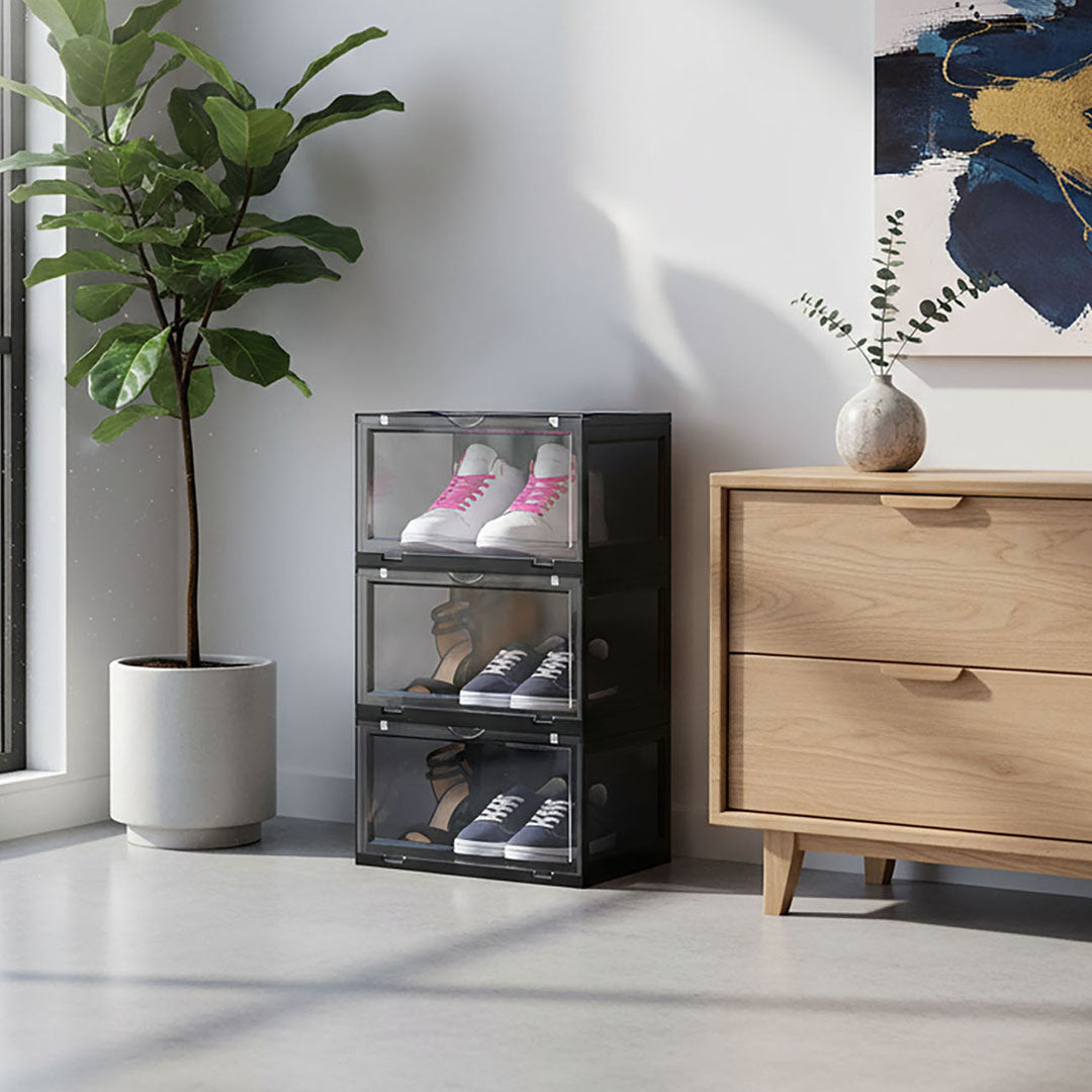 SOGA 3 Tier Black Portable Shoe Organiser Sneaker Footwear Folding Plastic Bin Stackable Storage Box with Magnetic Door